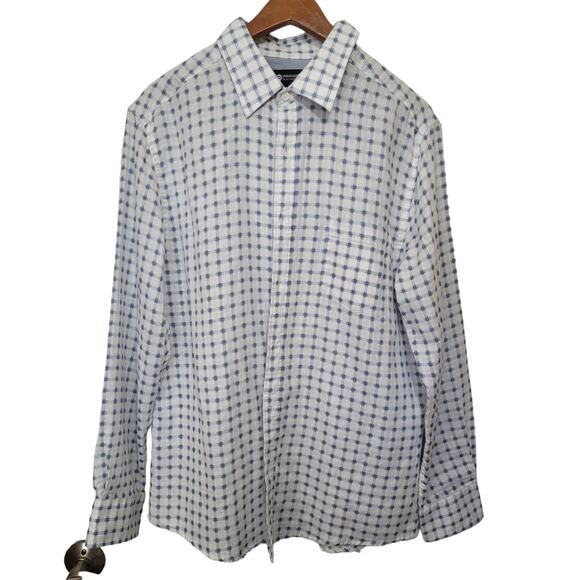 Haggar Button Down Dress Shirt Sz L Blue Gray Checkered Fade Plaid Classic - Picture 9 of 10